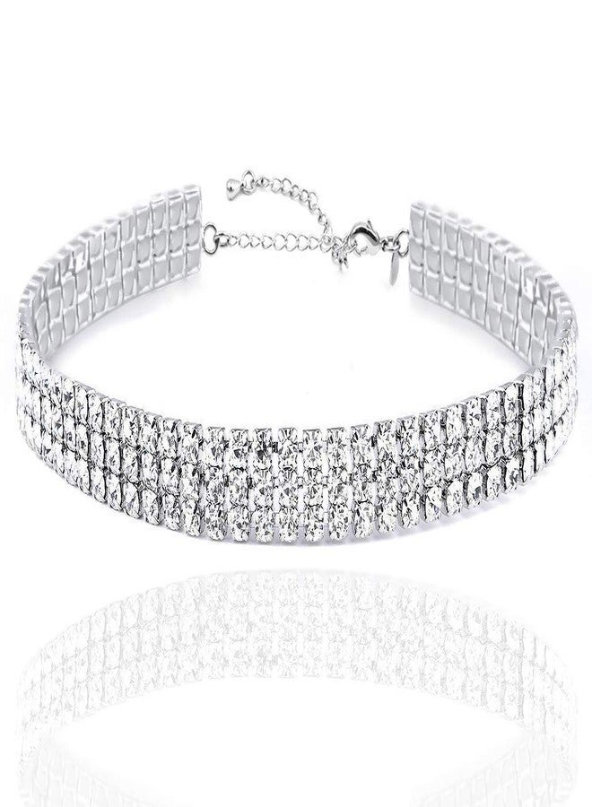 CCBFY Layered Chain Necklace Shark Tooth Design Tassel White Rhinestone Choker Necklaces for Women (3 Row) - Image 1